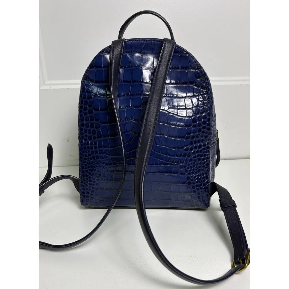 Tory Burch Navy Blue Croc Embossed Leather Backpack City Shoulder Bag Old Money